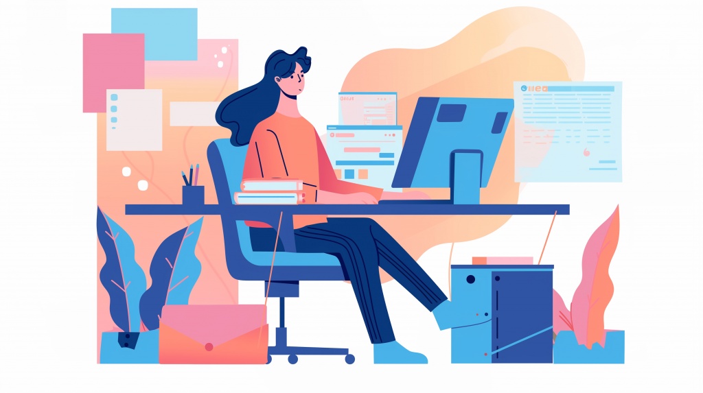 Иллюстрация девушки модератора за компьютером Иллюстрация девушки модератора за компьютером